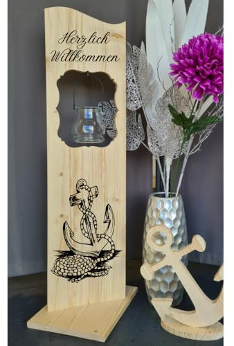 Holzaufsteller, Holz Deko Schild Holzschild Anker und Seil mit Windlicht aus Glas, Geschenk, Weihnachten, Geburtstag