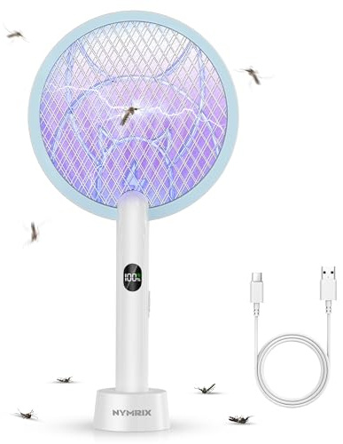 Nymrix Electric Fly Swatter Racket, 2 in 1 Mosquito Bug Zapper 4100V Handheld Mosquito Killer with 1800 mAh Rechargeable Battery, Purple Light and 3-Layer Safety Mesh for Indoor Outdoor Blue