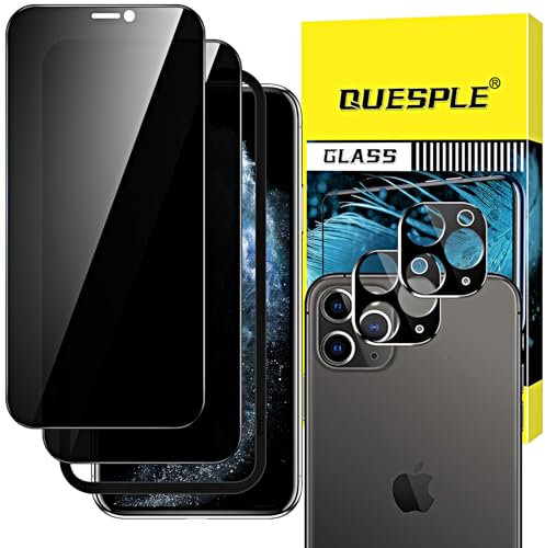 QUESPLE Privacy Screen Protector for iPhone 11 Pro Max 6.5-Inch with Camera Lens Protector, Black Edge Anti Spy Tempered Glass Film with Easy Installation Tool, Case-Friendly, 2+2 Pack