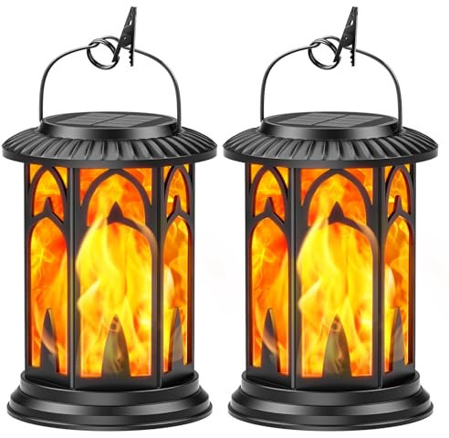 BUCASA Solarlampen für Außen Hängend, 2 Stück Vintage Solar Laternen für Draußen Fackeln, Solarleuchten für Außen mit Realistischen Flammeneffekt, Wasserdichte Solarlaterne Balkon Tisch Garten Deko