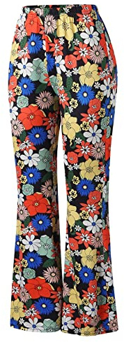 Generisch 70er Jahre Schlaghose Für Damen Boho 60er Hose Hippie Blumen High Waist Outfit Disco Kostüm Yogahose Leggings Komfort Stoffhose Schlank Sport Freizeithose (A1-Blue, XXXL)