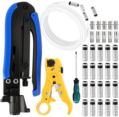 Abisolierwerkzeug für Koaxialkabel Set Kompressionszange Abisolierzange, verstellbar RG6,RG59,RG11,75-5,75-7, mit RG 6 TV-Kabel, 20 RG6 F-Kompressionssteckern, Kreuzschlitzschraubendreher, F-Stecker