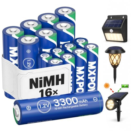 MXPOW 8 x AAA und 8 x AA Akku wiederaufladbar NiMH, 1,2V, Hohe Kapazität | AAA 1100mAh, AA 3300mAh, 1200 Zyklen, Vorgeladen, Geringe Selbstentladung, Auslaufsicher, Solarleuchten