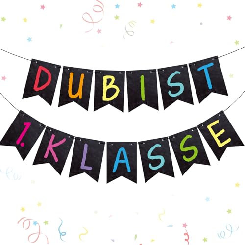 BETESSIN Girlande Einschulung Deko Junge & Mädchen - DU BIST 1. KLASSE - Originelle Schulkind Girlande im Tafel-Stil - Hängende Dekoration für Schuleinführung, Schulanfang, Einschulungsfeier