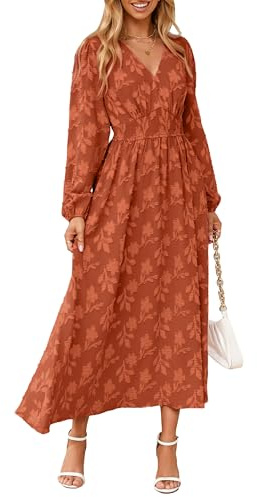 Simplee Womens Boho Floral Long Sleeve Maxi Dress V Neck Empire Waist Fall Wedding Guest Dresses with Pockets