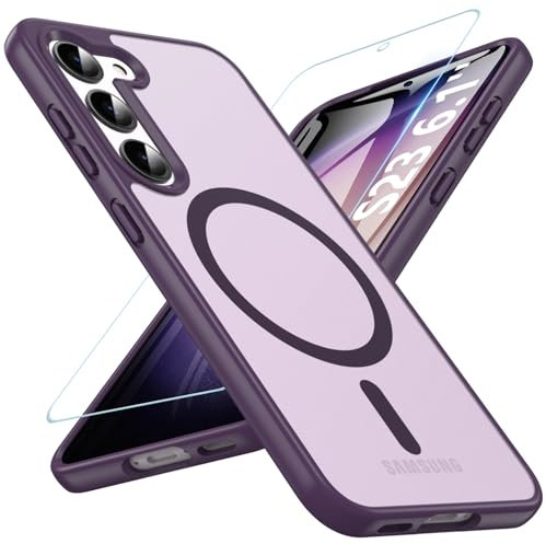 Magnetisch Für Samsung Galaxy S23 Hülle mit Panzerglas Glas,Militärschutz Handyhülle für S23 mit MagSafe Matt Transluzente Schutzfolie Schutzhülle Case Cover für Samsung S23(Lila)