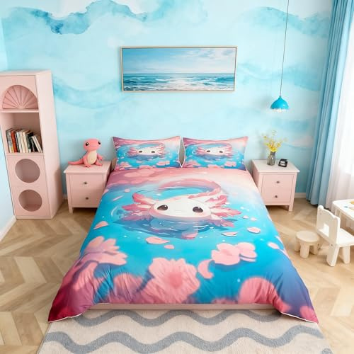 Homemissing Kawaii Axolotl Betten Zimmer Dekor Cartoon Meer Tier Bettwäsche Set 155x220cm für Kinder Jungen Mädchen Salamander Bettbezug Kirsche Blumen Bettwäsche-Set