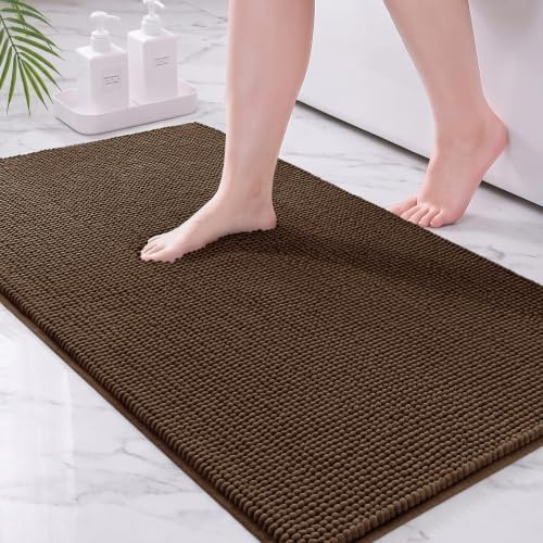 Exclusivo Mezcla Badematte Chenille Badteppich für Badezimmer 60x90 cm | Badvorleger, Badezimmerteppich, Fußmatte für Dusche, Waschbar, Saugfähig und Rutschfest, Weich und Leicht, Braun