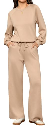 Totatuit Jogginganzug Damen Zweiteiler mit weiter Hose als Freizeitanzug | Hausanzug Langarm, Loungewear Set mit Rundhals, Kordelzug und Taschen, locker und einfarbig für Alltag Zuhause und Reise