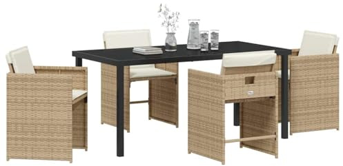 vidaXL 5-teiliges Garten-Esszimmer-Set mit beigen Sitzkissen aus Poly-Rattan. Tisch und Stühle für den Außenbereich, 4-Sitzer, abnehmbares Patio-Balkonmöbel, Lounge-Sitzgelegenheiten