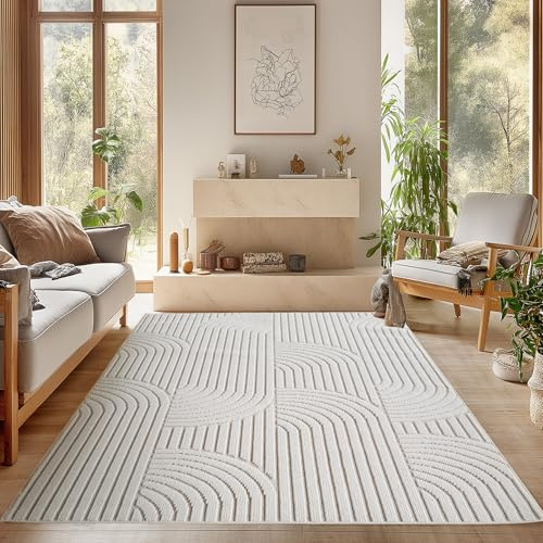 SIMPEX Teppich 160x230 cm Creme Boho Design Bouclé Schlingenflor Skandi Stil Modern Superweich Robust Pflegeleicht für Wohnzimmer Sofabereich Esszimmer Schlafzimmer Küche