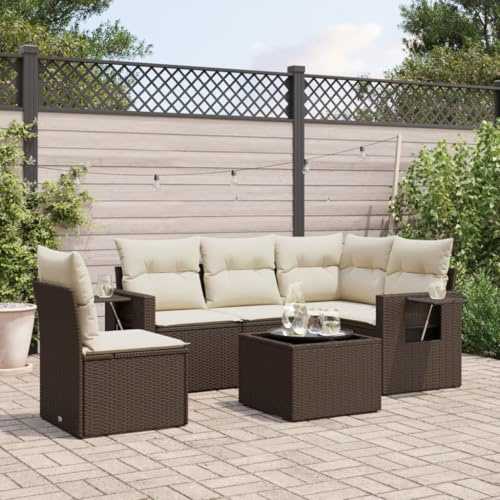 QJBSAVVA 6-TLG. Rattan Gartenmöbel Set Braun 62x62x69 cm Gartengarnitur mit Glasplatte und dicken Kissen Modernes Design & UV-beständig für Balkon Terrasse und Garten