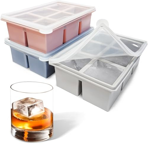 3 Stück 18-Fach Eiswürfelform Silikon Groß Eiswürfelbehälter mit Deckel, Quadratische Eiswürfel 5cm, Ice Cube Tray für Whisky, Cocktails（Blau+Rosa+Grau）