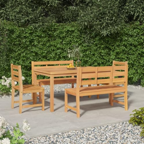 Ziaphsol 5-TLG. Garten-Essgruppe Massivholz Teak, 150x90cm Tisch mit 2 Bänken & 2 Stühlen, wetterfestes Outdoor Patio Möbelset für Balkon, Terrasse