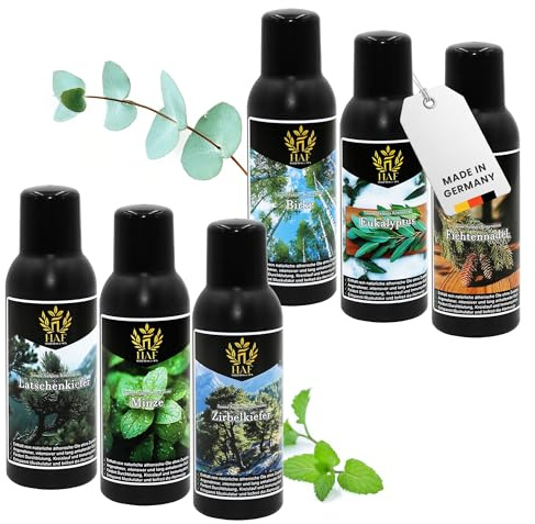 HAF Set de infusión para sauna Bosque fresco – 6 x 250 ml sauna de abedul, eucalipto, aguja de abeto, pino de montaña, menta, pino – Aroma de sauna con aceites esenciales naturales y sin aditivos