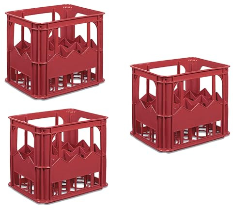 mille idee Set 3 Cassette Cassetta Portabottiglie in Plastica Rossa – 12 Posti per Bottiglie da 1 Litro – Impilabili e Resistenti