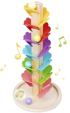 Music Tree Wooden Marble Run, Montessori Sound Tree with1 Base 4 Balls 6 Colors Ball Drop Toy, Wooden Rolling Ball Drop Toy, Rainbow Ball Tower for Children Gifts