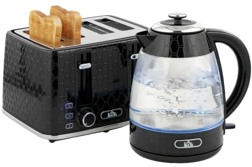HOMCOM Kettle and Toaster Set 1.7L 3000W Jug Kettle 4 Slice Toaster Black | Rapid Boil, Strix Thermostat, Limescale Filter, 7 Browning Controls, Crumb Tray