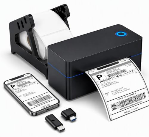 Bluetooth Etikettendrucker 4x6 (100x150mm), Thermodrucker für DHL Versandetiketten, Amazon FBA & Shopify, inkl. Ständer, USB-Stick (Treiber) & 30 Etiketten, kompatibel mit iOS/Android/Windows/Mac