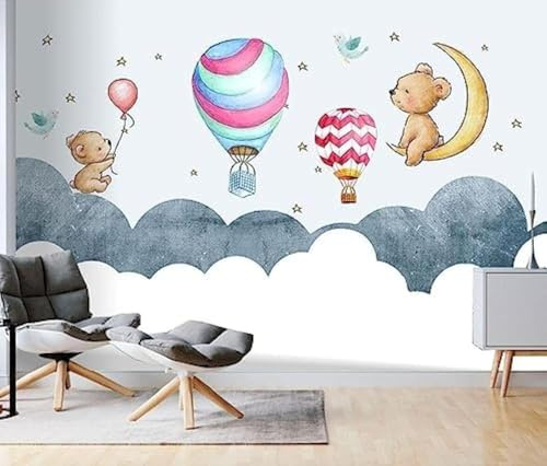 Cartoon Animals Hot Air Balloons Stars Clouds 3D Wallpaper Easy Install Feature Office Living Room Sofa Bedroom TV Background Wall Decoration-350cm×256cm