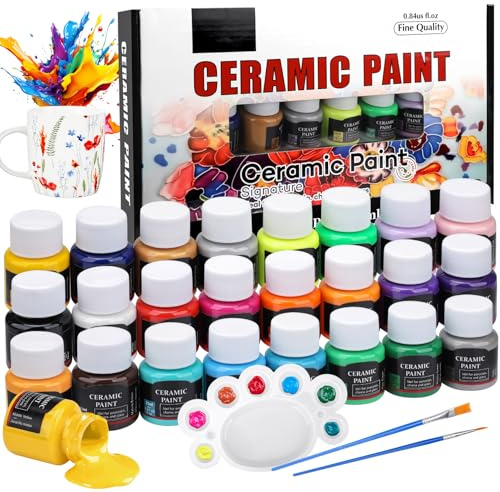 Porzellanfarbe Spülmaschinenfest, 24 x 25 ml Porzellanfarbe Set, Keramik Farbe with 2 Pinselstift & 1 Palette, Glasfarbe, Keramikfarbe Set für Künstler, Anfänger, Ideal zum Tassen, Keramik, Glas