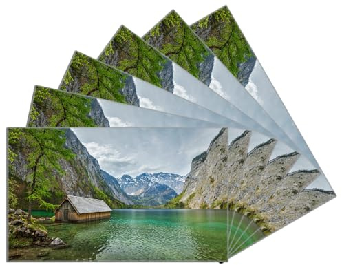 Wallario 6er Set Frühstücksbrettchen aus Glas, Glasunterlage, Glasbrettchen Berghütte an See, Größe 14 x 23 cm, Sicherheitsglas