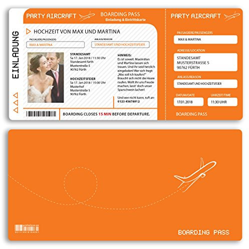 (20 x) Hochzeitseinladungskarten Flugticket Boarding Pass orange Einladungskarten Hochzeit