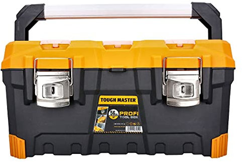 Tool Box 22 Inch 56cm Professional Heavy Duty Large Portable Mobile Tool Chest Storage Organiser with Removable Tote Tray Aluminium Handle Black & Yellow TOUGH MASTER