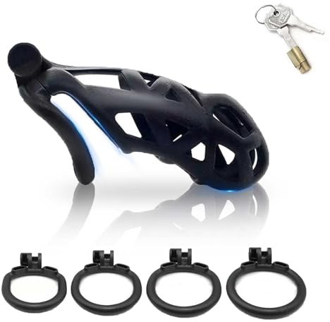 ChicLSQ Belüftung Peniskäfig Keuschheitsgürtel Set mit 4 Cockringe Klein Keuschheit Keuschheitskäfig Mann Bondage Extrem für Männer Keuschheit Penis Käfig Schwarz (Gebogener Ring-XL)