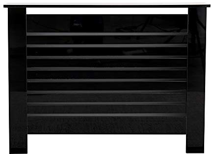 Wooden High Gloss Black Radiator Cover Cabinet Table Storage Shelf Slat Style Modern Living Room Bedroom (Black-M: 111.5X19X82 cm)