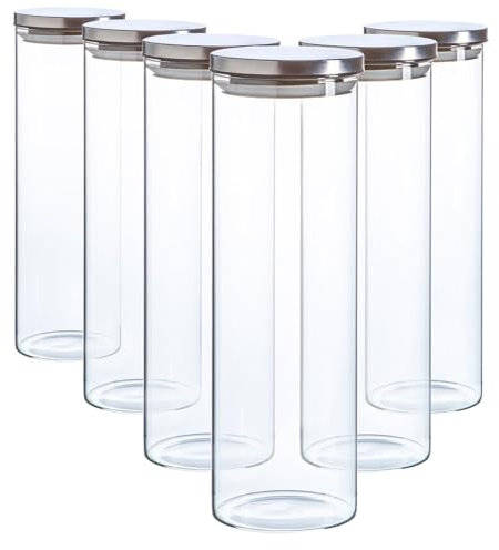 Argon Tableware Scandi Storage Jars with Metallic Silver Lids - 2000ml - 6 Pack - Modern Round Organisation Container Glass Jar for Kitchens, Pantry, Bathrooms, Utility Rooms