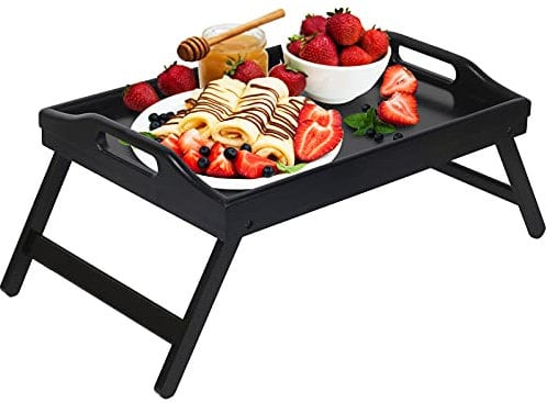 Artmeer Bandeja de Cama con Patas Plegables con Asas, Bandeja de Comida para Desayuno, Mesa para sofá, Comer, Dibujar, Platos de bambú para Servir, Bandeja de Aperitivos, Negro-Mediano, M