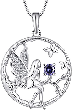 FJ Guardian Angel Pendant Necklace 925 Sterling Silver Tree of Life Necklace Butterfly Fairy Necklace with December Birthstone Tanzanite Jewellery Gifts for Women Girls