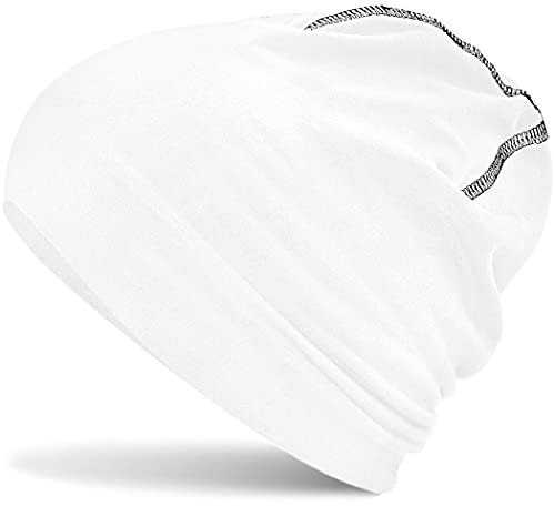 Hatstar Baumwoll Jersey Damen Beanie Mütze (2 | Weiss-schwarz)