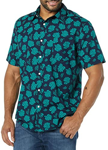 Amazon Essentials Men's Short-Sleeve Stretch Poplin Shirt (Available in Big & Tall), Navy Leaf Print, XL
