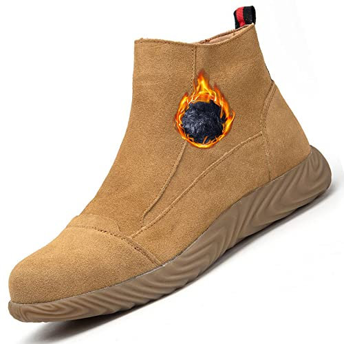 CHUIKUAJ Stivali di Sicurezza per Saldatore Uomo Leggeri Scarpe da Lavoro con Punta in Acciaio Scarpe da Costruzione Alte in Pelle Scamosciata Resistenti all'Usura,Plus-cashmere-38EU