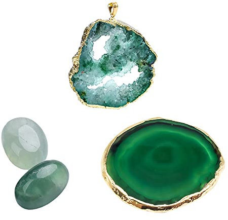 Soulnioi Grüner Fluorit-Kristall-Achat-Untersetzer, runder Untersetzer, grüner Fluorit-Kristall-Achat-Halskette, 2 grüne Fluorit-Steine