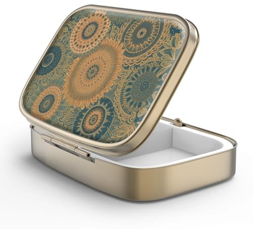 Portapillole con Specchio Retro 2 Scomparti P-ortapillole in Bronzo Rettangolare o Vitamine, Olio di Pesce, Integratori, Pillole Contenitori(Retro Mandala)