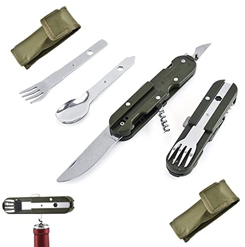 Ensemble de couverts en acier inoxydable 5 en 1, pliants, couverts de voyage avec sac Oxford, couteau, fourchette, cuillère, décapsuleur pour le camping et l'extérieur