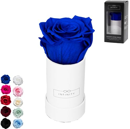 Infinity Flowerbox - 1 echte Infinity Rosen (3 Jahre haltbar ohne Wasser) - Direkt mit Geschenkverpackung geliefert I Handgefertigt in Berlin I Geschenk für Frauen (Blaue Rose in weißer Box)