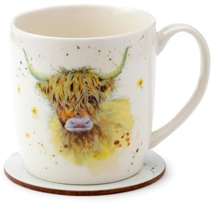 Puckator Jan Pashley Highland Coo Cow Porcelain Tea Coffee Mug & Coaster Set - Funny Home Accessories Cute Gifts for Girlfriend Large Mugs for Men Women Hot Drinks Cups Presents Secret Santa Gift