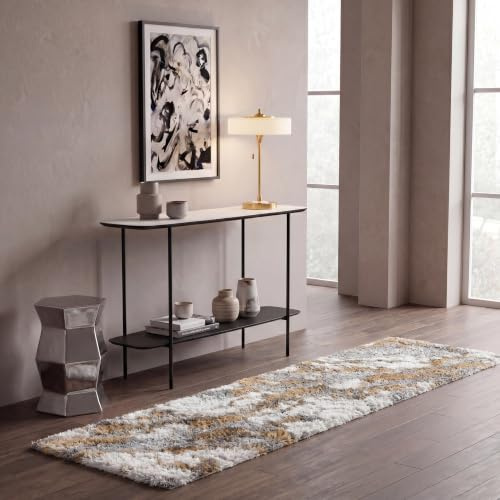 SAFAVIEH Zottelig Teppich für Wohnzimmer, Esszimmer, Schlafzimmer - Horizon Shag Collection, Kurzer Flor, Grau und Gold, 61 X 244 cm