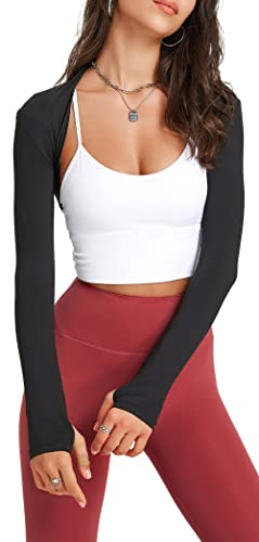 SEAUR Damen Bolero Achselzucken Kurz Geschnittene Sport Strickjacke mit Arm Ärmeln Crop Sport Strickjacke für Training Alltag Fitness Schwarz L