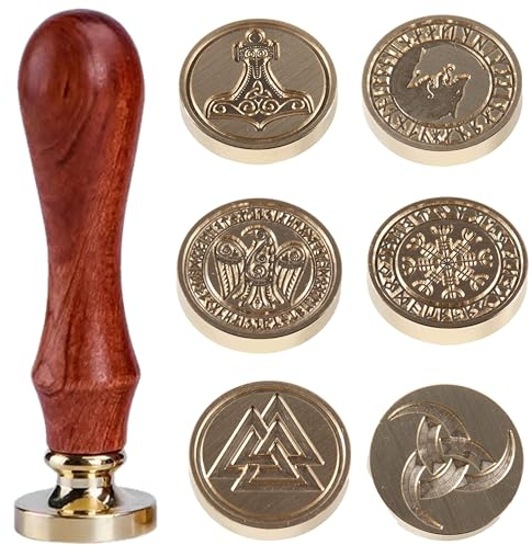Ychostamp Vegvisir Viking Rune Wachs Siegel Stanz-Set 6PCS Vegvisier Viking Siegeln Wachs Stempel Köpfe 0.98''/25mm Benutzerdefinierte Wachs-Stempel 1PCS Holz Hilt Sealing Stanz-Set