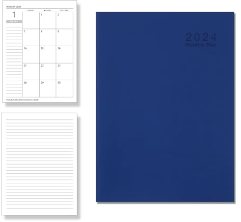 2024 Monatskalender Notizblock, 12 Monate akademischer Monatsplan, Flexibler Kunstlederbezug, 18.5 x 25.5 cm, Jahre- und Monatsplaner, Perfekter Organizer, 48 Seiten, Dunkelblau