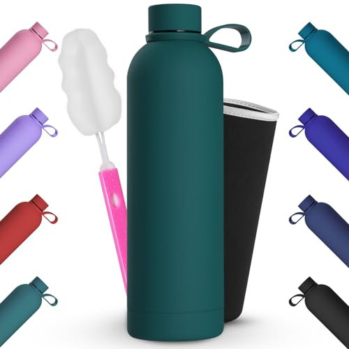 Geepen Botella Termica 750ml Botella de agua acero inoxidable con cepillo + bolsa portátil Soporte para botella de agua deportiva para acampar,escuela,deportes,gimnasio, Lago Verde