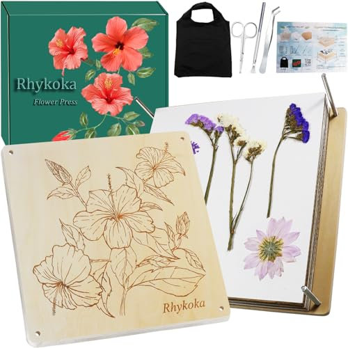 Rhykoka Extra große Blumenpresse, 10 Schichten, 28 x 28 cm, Holzblumen-Pressset für Erwachsene, mit Aufbewahrungstasche, Geschenk für Bastel-Liebhaber (Holz)