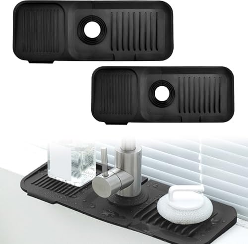 ADERTOS 2 PCS Silicone Faucet Mat Kitchen Sink Splash Guard Silicone Faucet Handle Drip Catcher Tray Faucet Draining Pad Drying Mat Around Tap for Kitchen Bathroom Countertop Worktop Protect (Black)