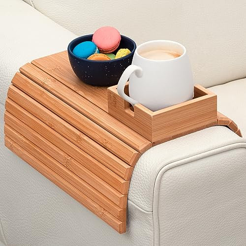 AVIMYA Bamboo Couch Cup Holder - Couch Tray & Cup Holder for Drink & Snack, Versatile Couch Drink Holder & Sofa Armrest Tray with Cup Holder - Portable Sofa Arm Tray Table for Couch, Recliner, or