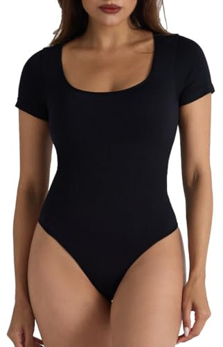 SHEKINI Body à Femme Manches Courtes Elégant Body Sculptant avec Col Carré Bodysuit Haut Tops Slim Fit Invisible T-shirt Top Tanga Body Shaper